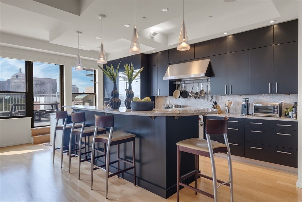 Interior, Kitchen, Pendant Lights, Recessed Lighting, Stainless Steel Appliances, Wood Texture Flooring