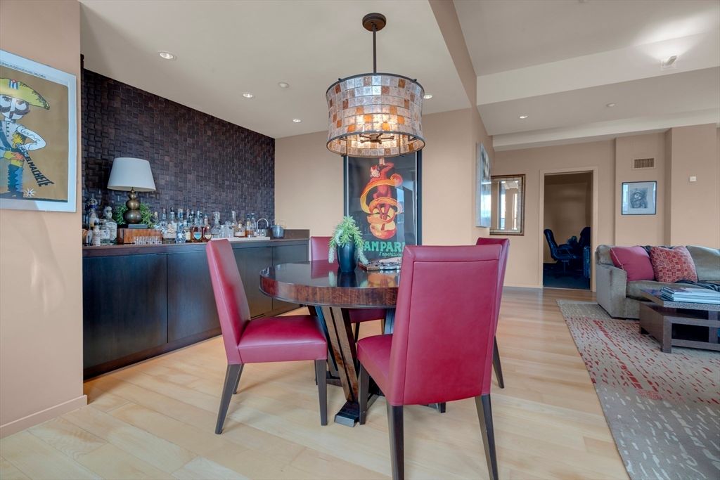 Dining room, Interior, Recessed Lighting, Wood Texture Flooring