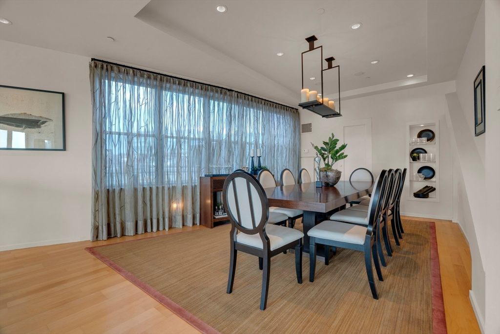 Chandelier, Dining room, Interior, Pendant Lights, Recessed Lighting, Wood Texture Flooring