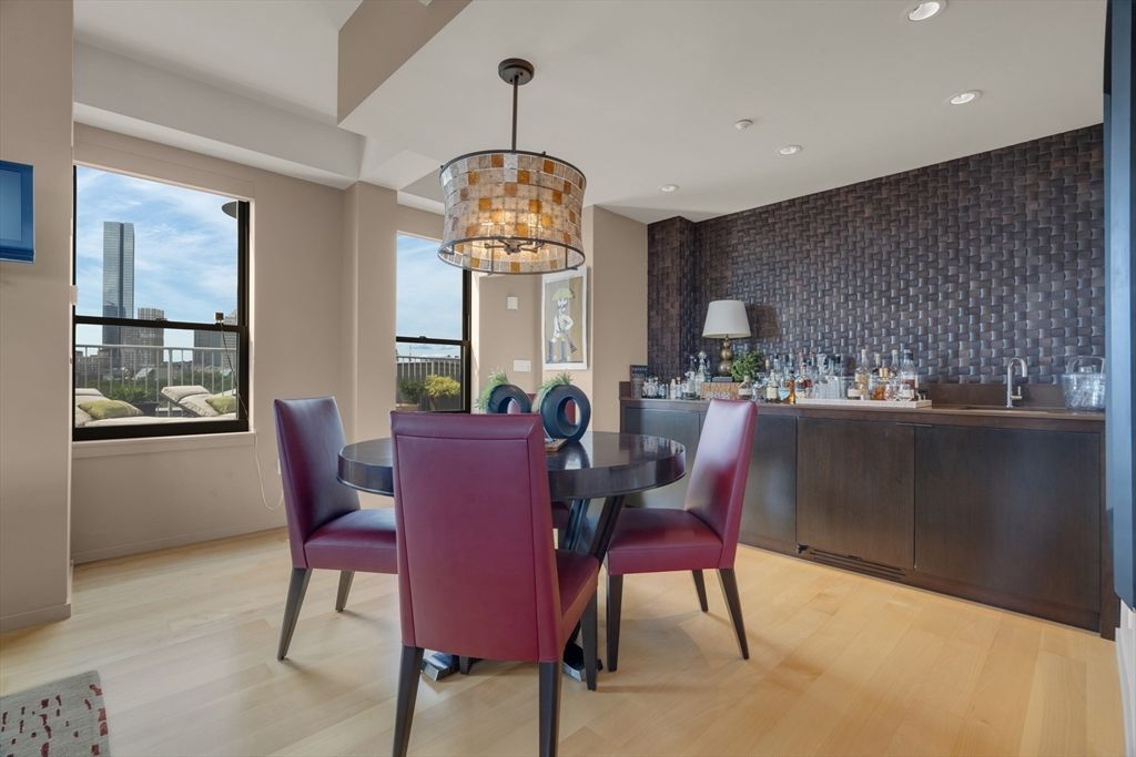 Dining room, Interior, Pendant Lights, Recessed Lighting, Wood Texture Flooring
