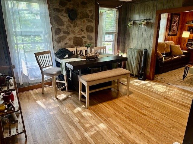 Dining room, Interior, Stone Walls, Wood Texture Flooring