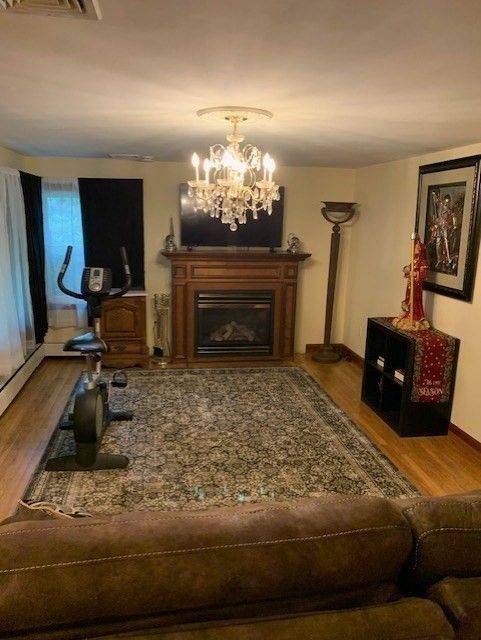 Chandelier, Fireplace, Interior, Wood Texture Flooring