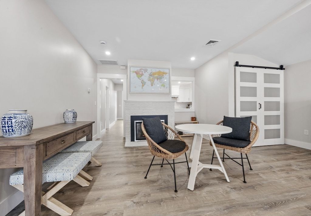 Fireplace, Interior, Recessed Lighting, Wood Texture Flooring