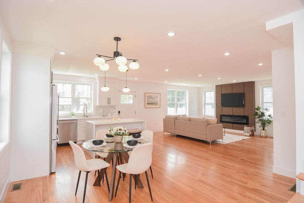Dining room, Fireplace, Interior, Kitchen, Living room, Pendant Lights, Recessed Lighting, Wood Texture Flooring