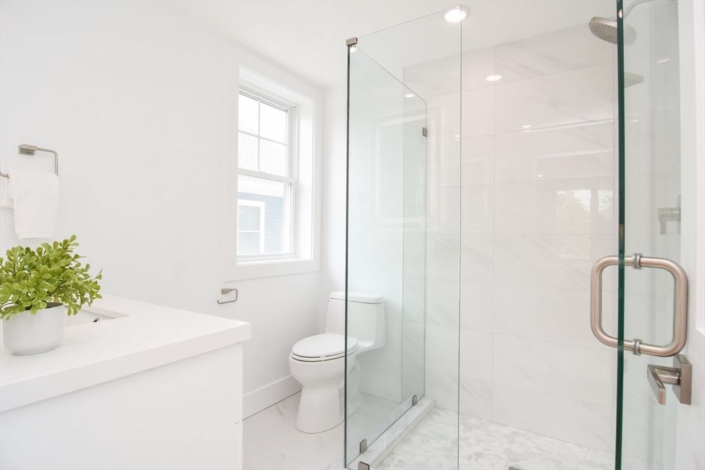 Bathroom, Glass Shower, Interior, Marble, Marble Walls, Recessed Lighting