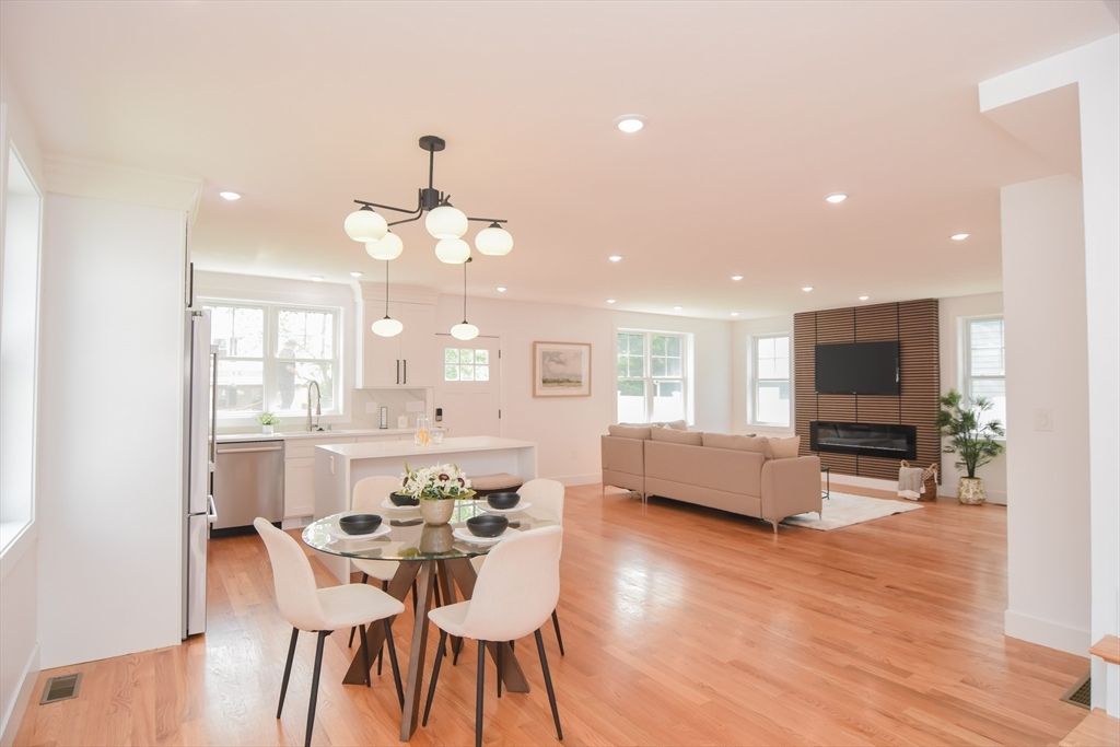 Dining room, Fireplace, Interior, Kitchen, Living room, Pendant Lights, Recessed Lighting, Wood Texture Flooring