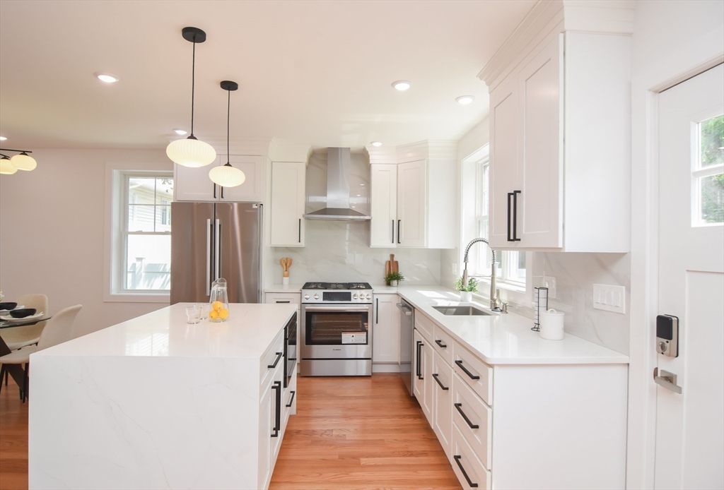 Interior, Kitchen, Pendant Lights, Recessed Lighting, Stainless Steel Appliances, Wood Texture Flooring