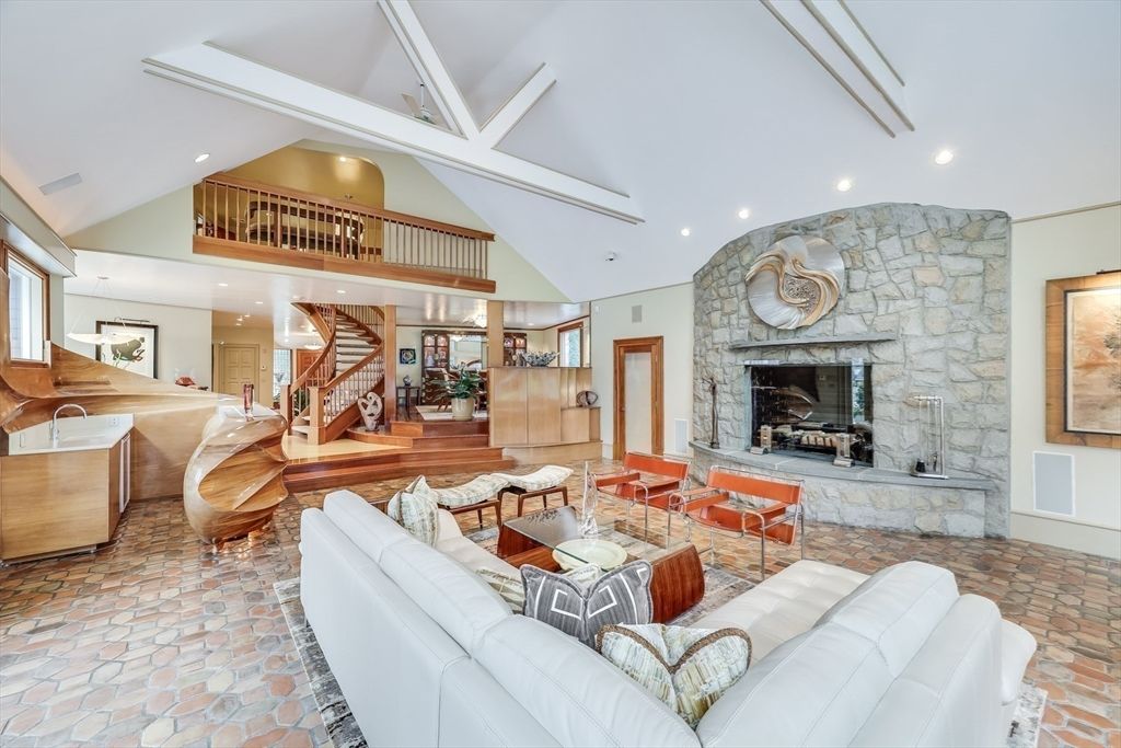 Fireplace, Interior, Living room, Recessed Lighting, Stone Walls