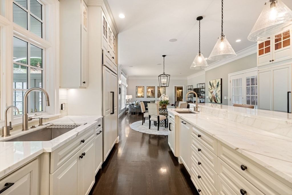 Dining room, Interior, Kitchen, Pendant Lights, Recessed Lighting, Wood Texture Flooring