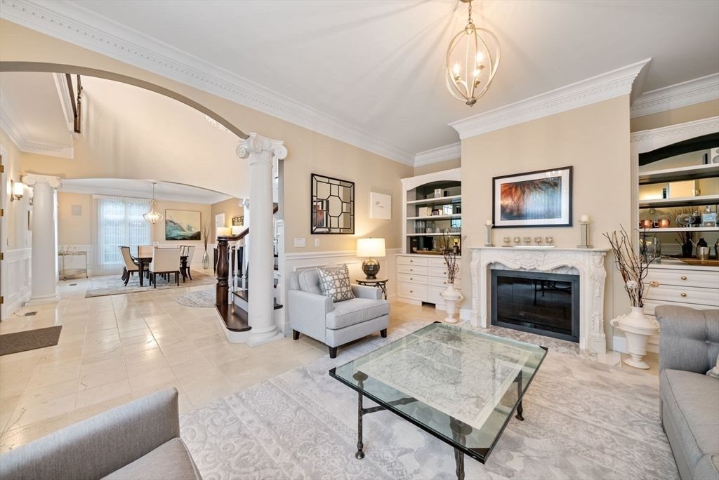 Chandelier, Dining room, Fireplace, Interior, Living room, Pendant Lights