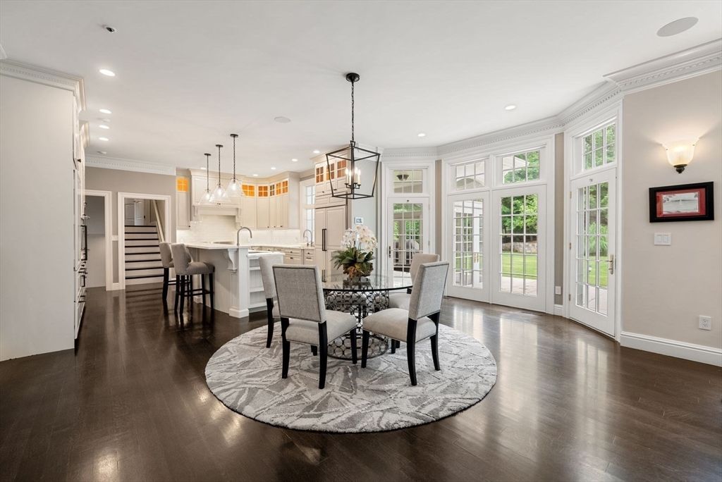 Dining room, Interior, Kitchen, Pendant Lights, Recessed Lighting, Wood Texture Flooring