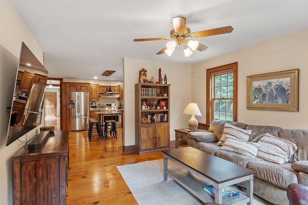 Dining room, Interior, Kitchen, Living room, Recessed Lighting, Stainless Steel Appliances, Wood Texture Flooring