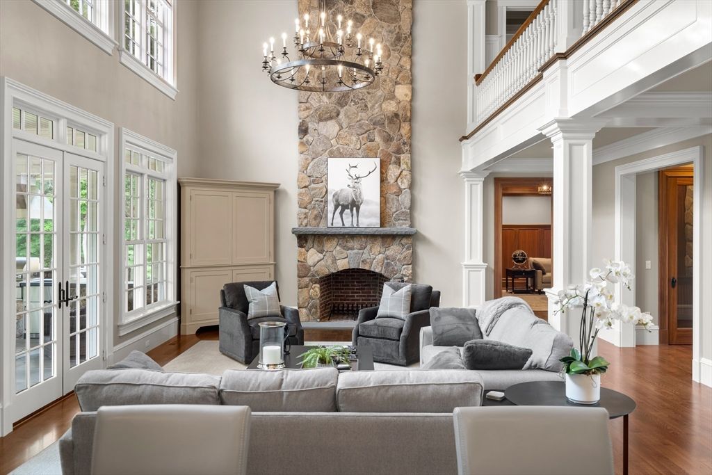 Chandelier, Fireplace, Interior, Living room, Stone Walls, Wood Texture Flooring