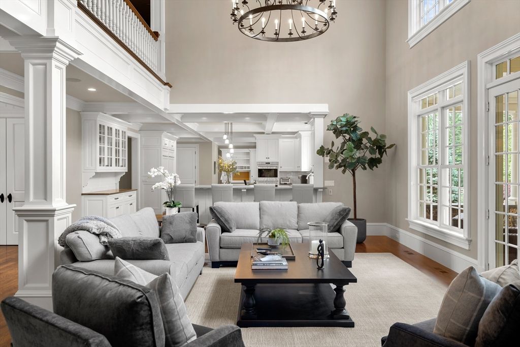 Chandelier, Interior, Kitchen, Living room, Recessed Lighting, Wood Texture Flooring