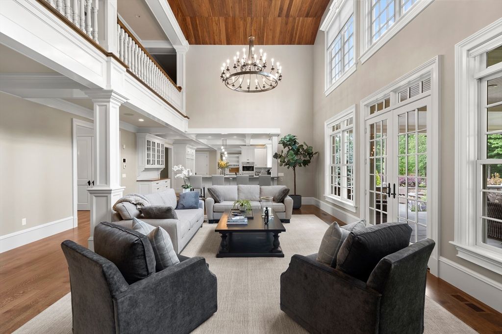 Chandelier, Interior, Living room, Recessed Lighting, Wooden Ceilings, Wood Texture Flooring