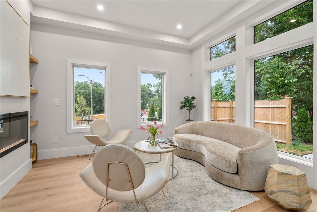 Fireplace, Interior, Living room, Recessed Lighting, Wood Texture Flooring