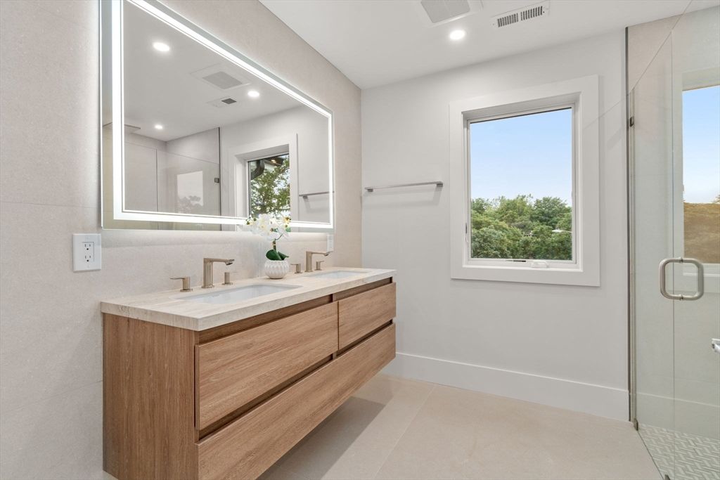 Bathroom, Dual Sink Vanities, Glass Shower, Interior, Recessed Lighting