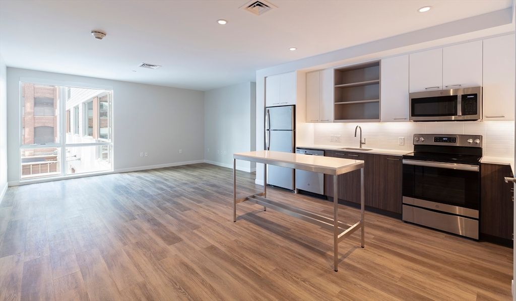 Interior, Kitchen, Recessed Lighting, Stainless Steel Appliances, Wood Texture Flooring