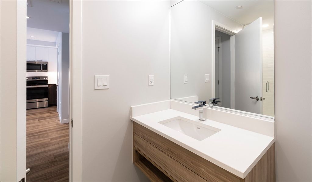 Bathroom, Interior, Recessed Lighting, Stainless Steel Appliances, Wood Texture Flooring