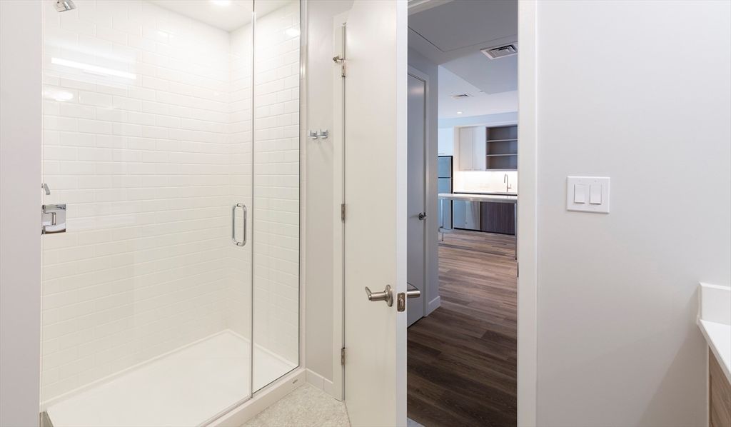 Bathroom, Glass Shower, Interior, Recessed Lighting, Wood Texture Flooring