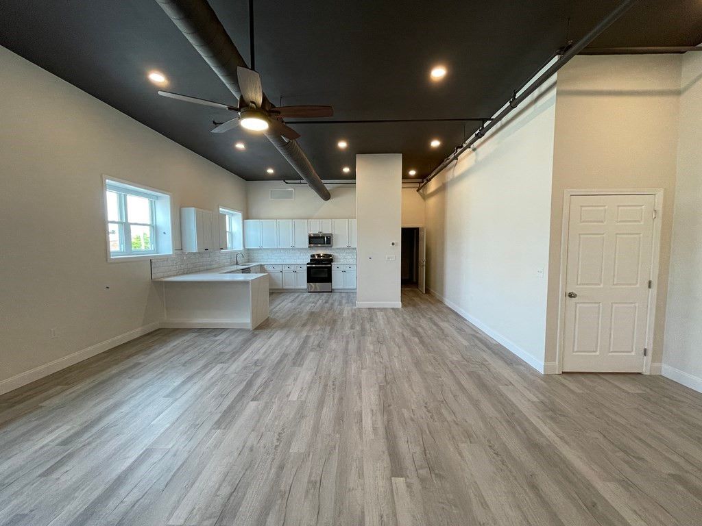 Empty room, Interior, Kitchen, Recessed Lighting, Wood Texture Flooring