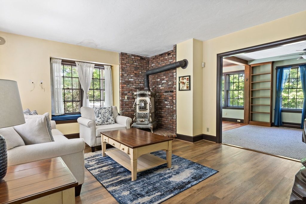 Fireplace, Interior, Living room, Stone Walls, Wood Texture Flooring