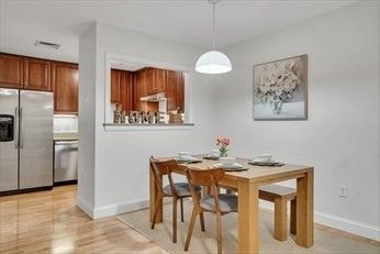 Dining room, Interior, Kitchen, Pendant Lights, Stainless Steel Appliances, Wood Texture Flooring