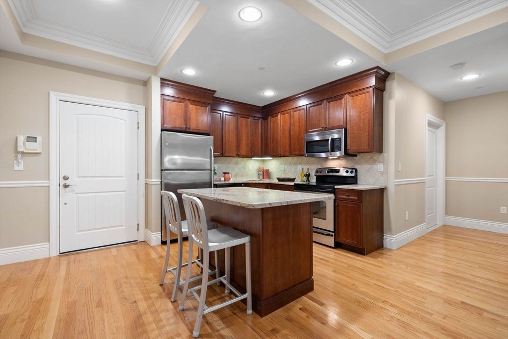 Interior, Kitchen, Recessed Lighting, Stainless Steel Appliances, Wood Texture Flooring