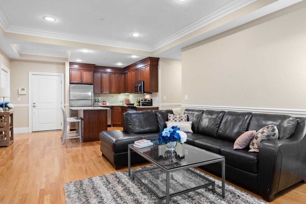 Interior, Kitchen, Living room, Recessed Lighting, Stainless Steel Appliances, Wood Texture Flooring