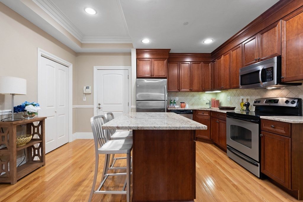 Interior, Kitchen, Recessed Lighting, Stainless Steel Appliances, Wood Texture Flooring