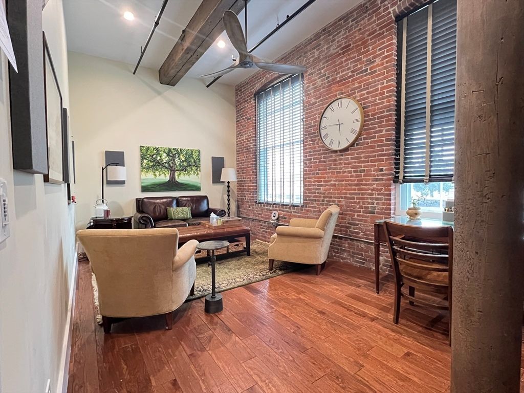 Interior, Living room, Recessed Lighting, Stone Walls, Wooden Beams, Wood Texture Flooring