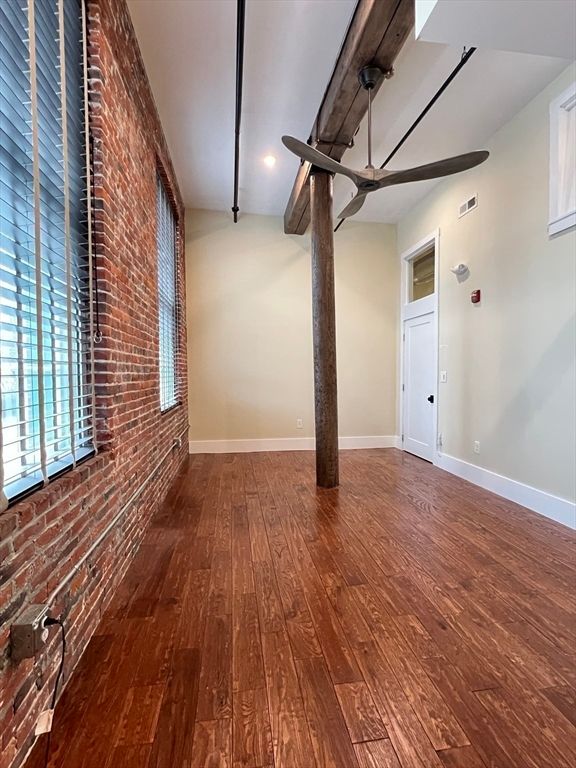 Empty room, Interior, Recessed Lighting, Stone Walls, Wood Texture Flooring