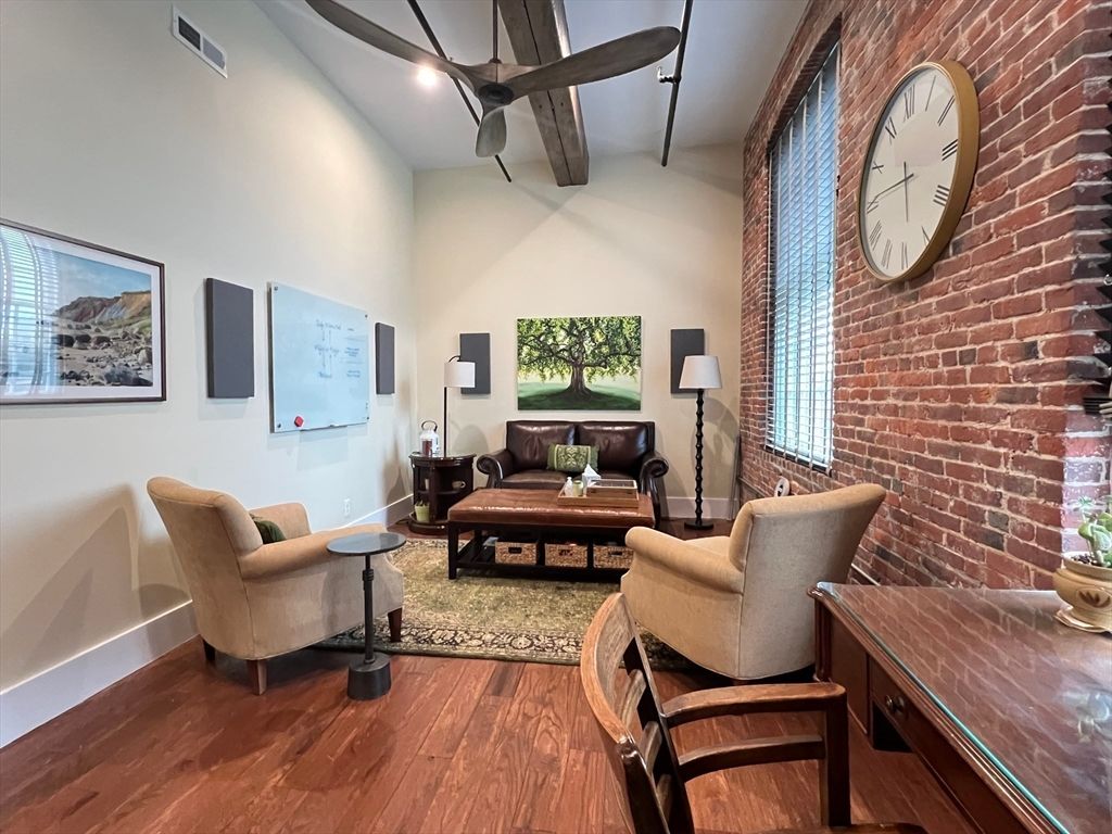 Interior, Living room, Recessed Lighting, Stone Walls, Wood Texture Flooring