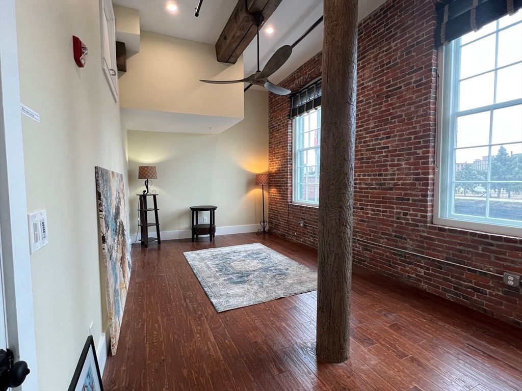 Interior, Recessed Lighting, Stone Walls, Wooden Beams, Wood Texture Flooring