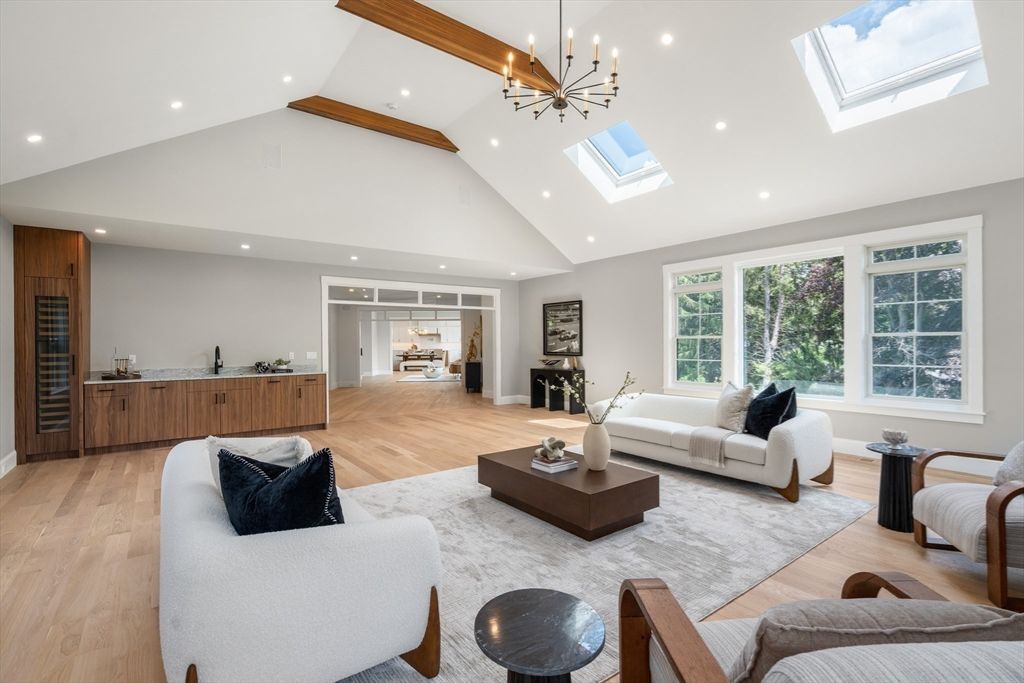 Interior, Living room, Pendant Lights, Recessed Lighting, Wooden Beams, Wood Texture Flooring