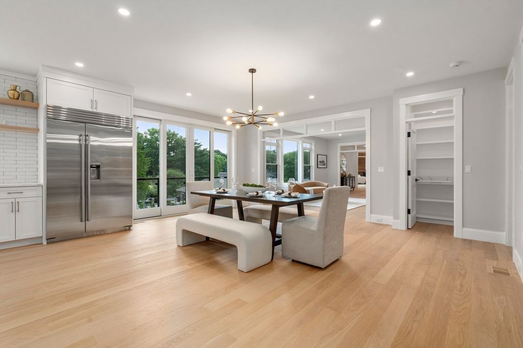 Dining room, Interior, Kitchen, Pendant Lights, Recessed Lighting, Stainless Steel Appliances, Wood Texture Flooring