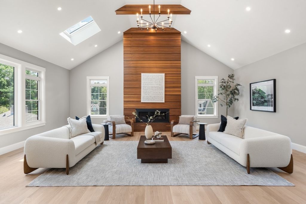 Fireplace, Interior, Living room, Pendant Lights, Recessed Lighting, Wood Texture Flooring, Wooden Walls