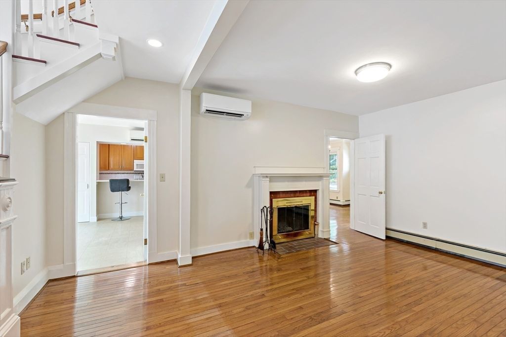 Empty room, Fireplace, Interior, Recessed Lighting, Wood Texture Flooring