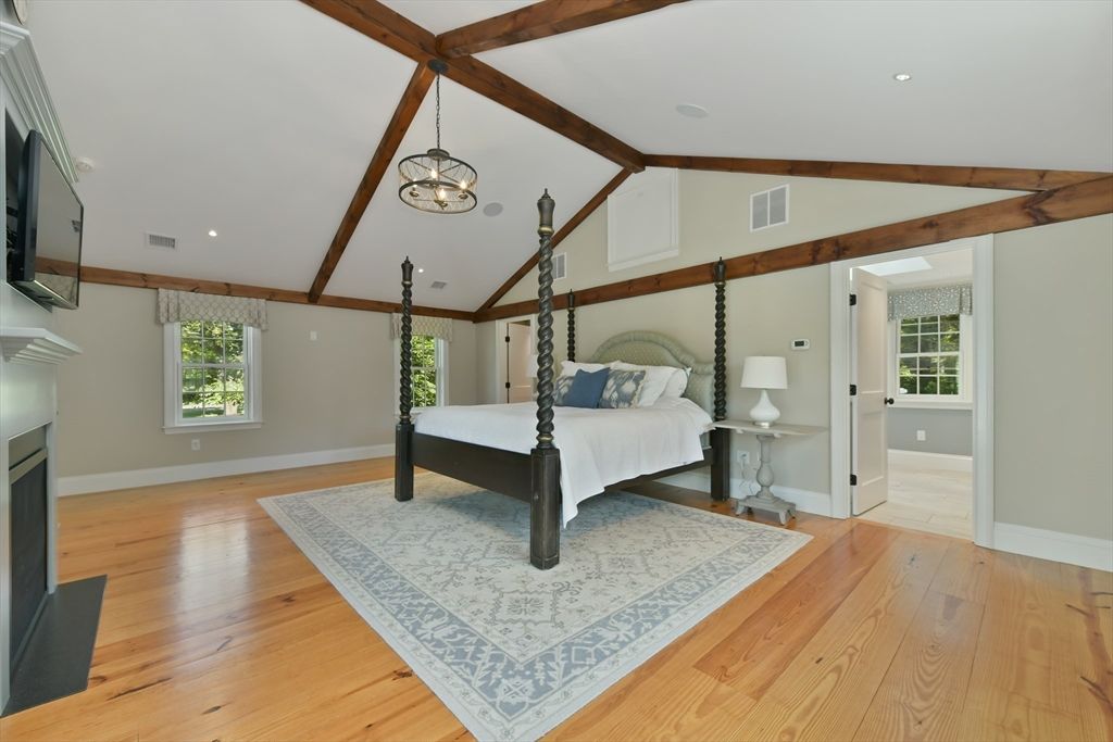 Bedroom, Interior, Pendant Lights, Recessed Lighting, Wooden Beams, Wood Texture Flooring