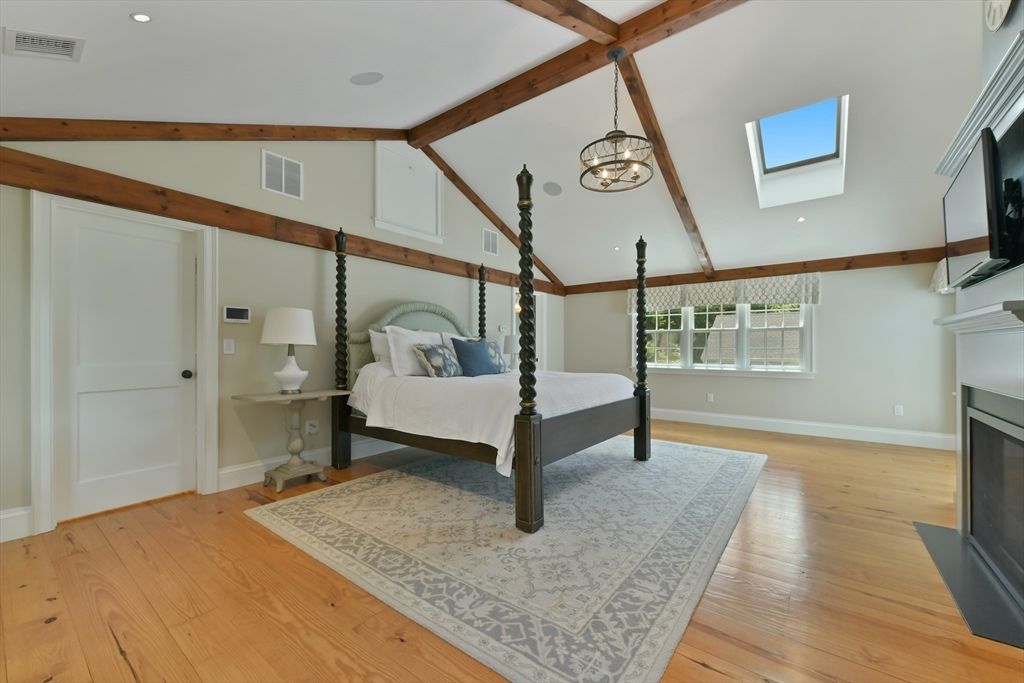 Bedroom, Fireplace, Interior, Pendant Lights, Recessed Lighting, Wooden Beams, Wood Texture Flooring