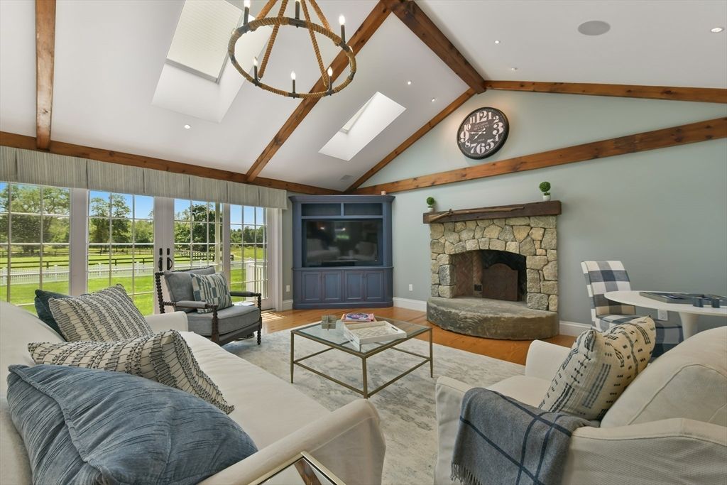 Chandelier, Fireplace, Interior, Living room, Recessed Lighting, Wooden Beams, Wood Texture Flooring