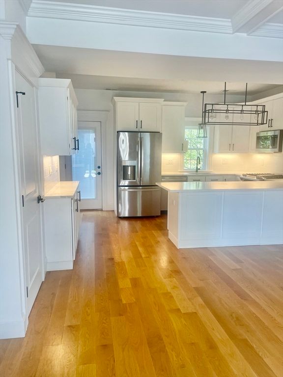 Interior, Kitchen, Pendant Lights, Stainless Steel Appliances, Wood Texture Flooring