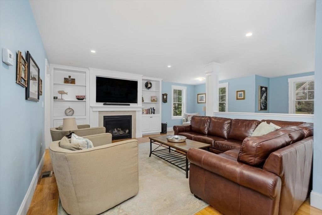 Fireplace, Interior, Living room, Recessed Lighting, Wood Texture Flooring