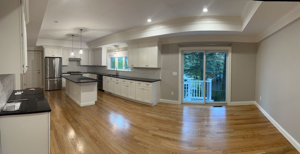 Interior, Kitchen, Pendant Lights, Recessed Lighting, Stainless Steel Appliances, Wood Texture Flooring