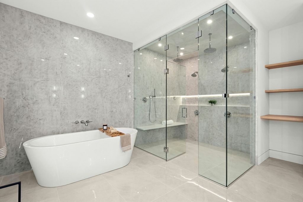 Bathroom, Free Standing Baths, Glass Shower, Interior, Recessed Lighting