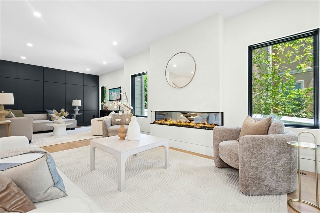 Fireplace, Interior, Living room, Recessed Lighting, Wood Texture Flooring