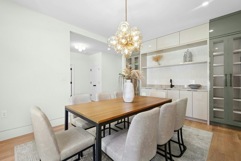 Chandelier, Dining room, Interior, Pendant Lights, Recessed Lighting, Wood Texture Flooring