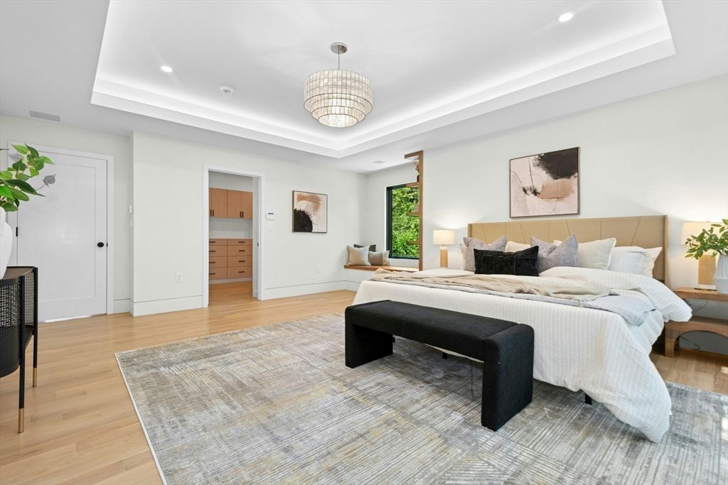 Bedroom, Interior, Pendant Lights, Recessed Lighting, Wood Texture Flooring