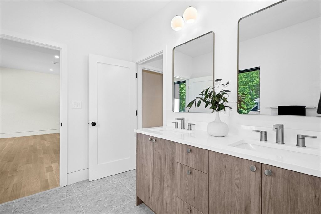 Bathroom, Dual Sink Vanities, Interior, Recessed Lighting, Wood Texture Flooring