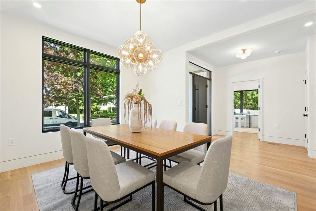 Dining room, Interior, Pendant Lights, Recessed Lighting, Wood Texture Flooring